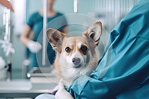 Vet examining cute dog in veterinary clinic, Generative AI