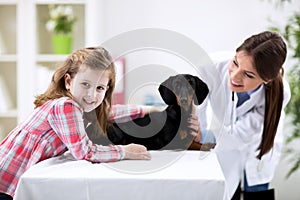 Vet helping little kid with dog