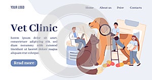 Vet landing page. Veterinary clinic banner with doctor and pet. Medicine treatment. Medical specialists examining cats