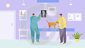 Vet medical care for dog, vector illustration. Pet at veterinary clinic, medicine treatment for domestic animal. Vet