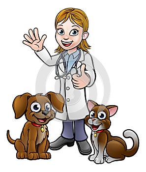 Vet with Pet Cat and Dog Cartoon Characters