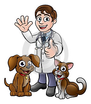 Vet with Pet Cat and Dog Cartoon Characters