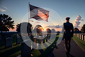 Veteran cemetery and U.S. flag illustration with officer. Military Appreciation Holidays concept