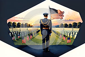 Veteran cemetery and U.S. flag illustration with officer. Military Appreciation Holidays concept