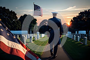 Veteran cemetery and U.S. flag illustration with officer. Military Appreciation Holidays concept