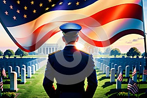 Veteran cemetery and U.S. flag illustration with officer. Military Appreciation Holidays concept