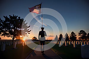 Veteran cemetery and U.S. flag illustration with officer. Military Appreciation Holidays concept