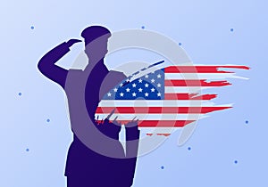 Veteran day and fourth july holiday concept. Vector flat illustration. Man soldier silhouette salute with american flag in brush