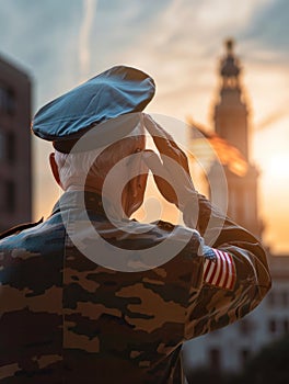 A veteran in military attire stands solemnly in front of a war memorial, lost in contemplation and reverence for those photo