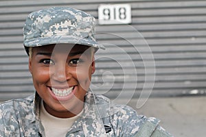 Veteran Soldier smiling and laughing. African American Woman in the military