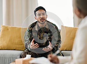 Veteran, talking and therapist for military support in therapy, consultation and listen to mental health, trauma or war