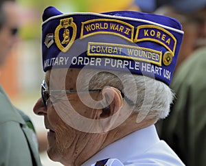 Veteran Wears Decorative Hat with Patches