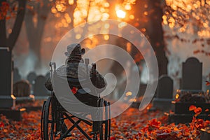 Veteran in wheel chair in a cemetery. Generative AI