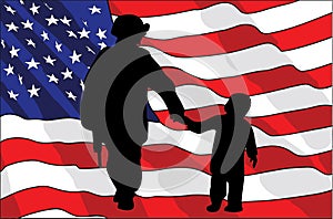 Veterans Day. An American soldier and a child. American flag. vector illustration