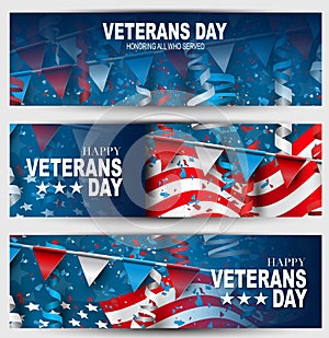 Veterans Day banner or website header set. Honoring all who served. USA National holiday design concept. American flag, bunting, f