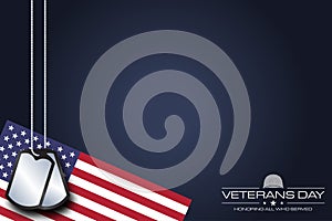 Veterans day celebration background vector image illustration with the American flag and military dog tags with copy space area.