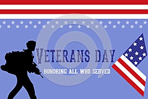 Veterans day copy space.Honoring all who served. Letter V logo with USA flag and soldiers as a symbol of veterans.flag USA design