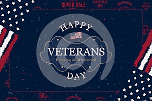 Veterans Day. Greeting card with USA flag on background with Super Sale 50 offer. National American holiday event. Flat vector