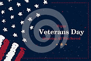 Veterans Day. Greeting card with USA flag on background with texture. National American holiday event. Flat vector