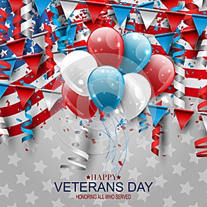 Veterans Day. Honoring all who served. American flag cover. USA National holiday design concept. A bunch of blue and red balloons