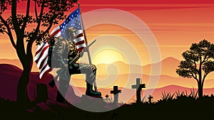 Veterans Day, Memorial Day, Soldier and USA flag at sunrise vector illustration