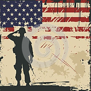 Veterans day poster. Military Man Saluting Us Flag.Silhouette of soldier