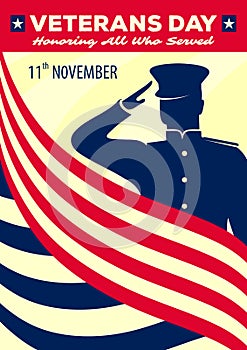 Veterans day poster template. Shield with US Army soldier saluting against USA Flag. Vector illustration