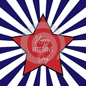 Veterans Day poster template. Vector square banner with red star on the striped blue and white background