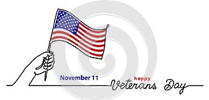 Veterans day simple vector banner, poster, background with flag and hand. Single line art with text happy Veterans day