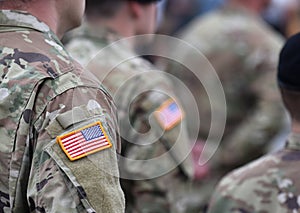 Veterans Day. US soldiers. US army. USA patch flag on the US military uniform. United States Armed Forces