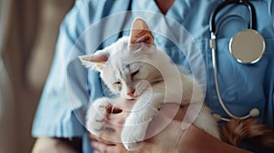 A veterinarian in a blue uniform gently holds a calm, white cat. A stethoscope is visible.