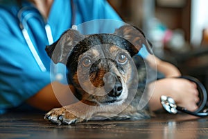 Veterinarian in blue uniform with stethoscope performing a routine examination of a dog in a vet clinic. Close-up