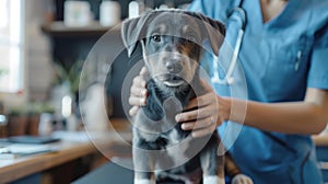 Veterinarian in blue uniform with stethoscope performing a routine examination of a dog in a vet clinic. Close-up