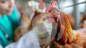 Veterinarian at a chicken farm. Selective focus.