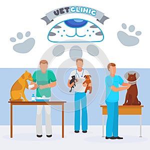 Veterinarian clinic animal care, character pet doctor save cat dog isolated on white, flat vector illustration. Vet