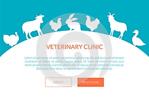 Veterinarian Clinic Banner, Landing Page Template, Farm Animals, Turkey, Cow, Rabbit, Goat, Goose, Chicken Vector