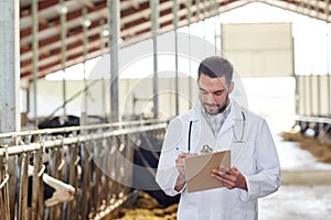 Veterinarian with cows in cowshed on dairy farm photo