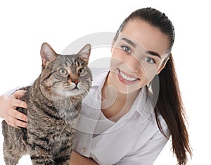 Veterinarian doc with cat on white