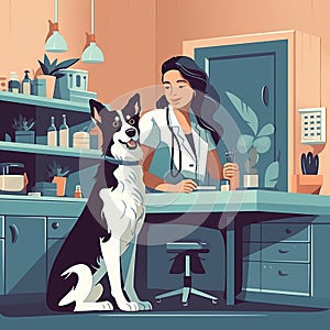 Veterinarian and doctor with dog in cabinet in vet clinic. illustration flat cartoon. Generative ai