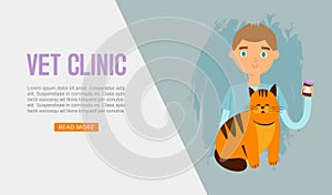 Veterinarian doctor examinates cat in vet clinic vector cartoon web page illustration.