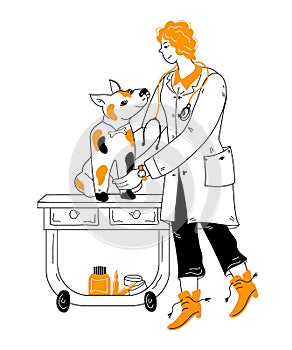 Veterinarian doctor examining the dog, doodle vector illustration isolated