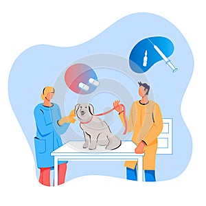 Veterinarian doctor examining a dog, flat vector illustration isolated on white.