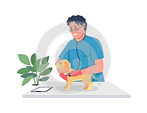 Veterinarian doctor holding puppy flat color vector detailed character