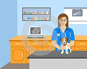 Veterinarian doctor holds dog on examination table