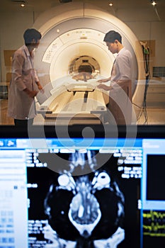 Veterinarian doctor working in MRI scanner room