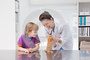 Veterinarian examining a cat with its owner