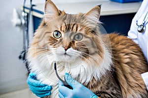 Veterinarian gently holds the affectionate cat in his hands, standing calmly against the backdrop of the procedure table