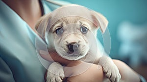 Veterinarian holds a trusting pup.