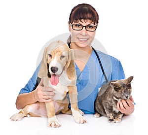 Veterinarian hugging cat and dog. on white background
