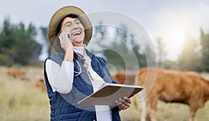 Veterinarian, phone call or happy woman laughing on farm to check cattle livestock wellness or animals environment